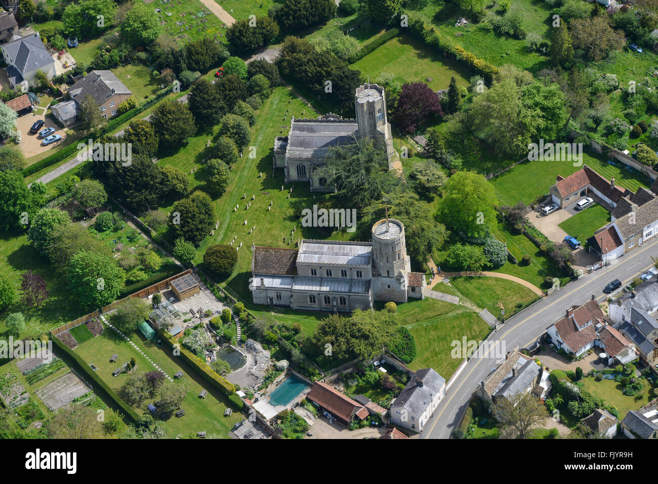 An aerial view of the twin churches in Swaffham Prior, Cambridgeshire Stock Photo