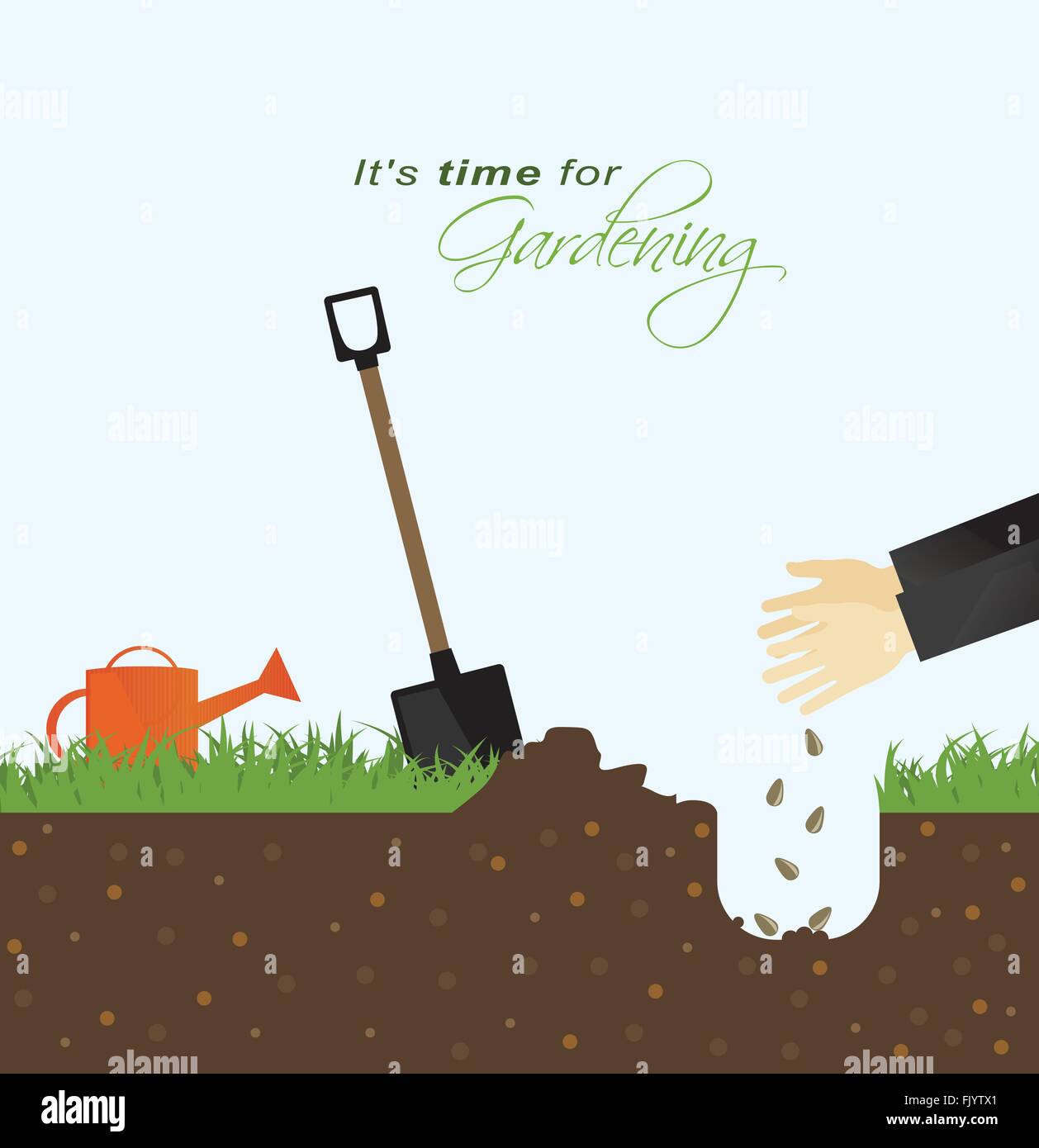 It is time for gardening.Person putting seeds in the ground with spade and watering can in field Stock Vector