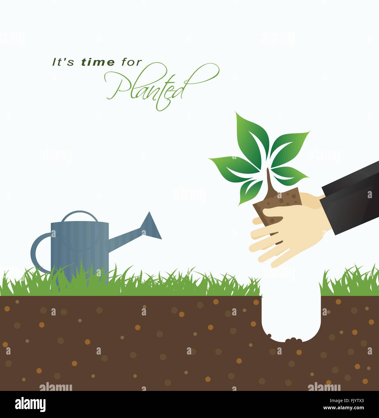 It is time for planting.Farmer planting in the ground with green grass and watering can in background Stock Vector
