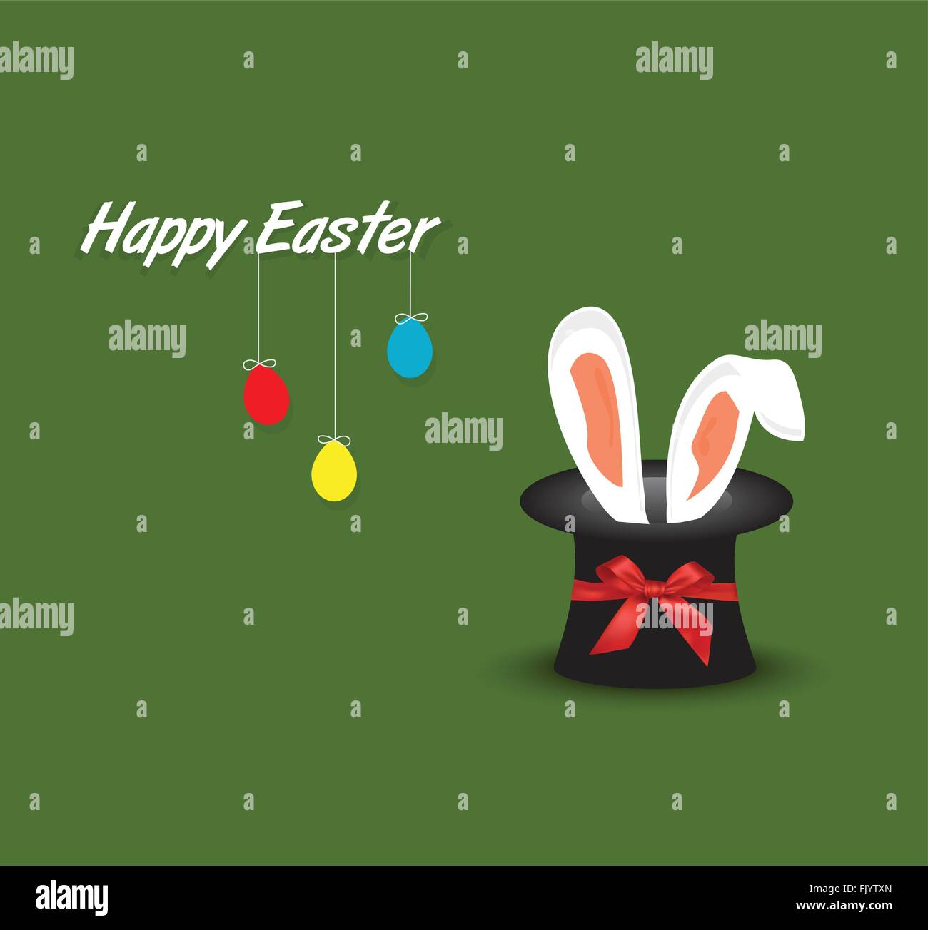 Happy Easter postcard with hanging eggs and rabbit ears coming out of magic hat Stock Vector