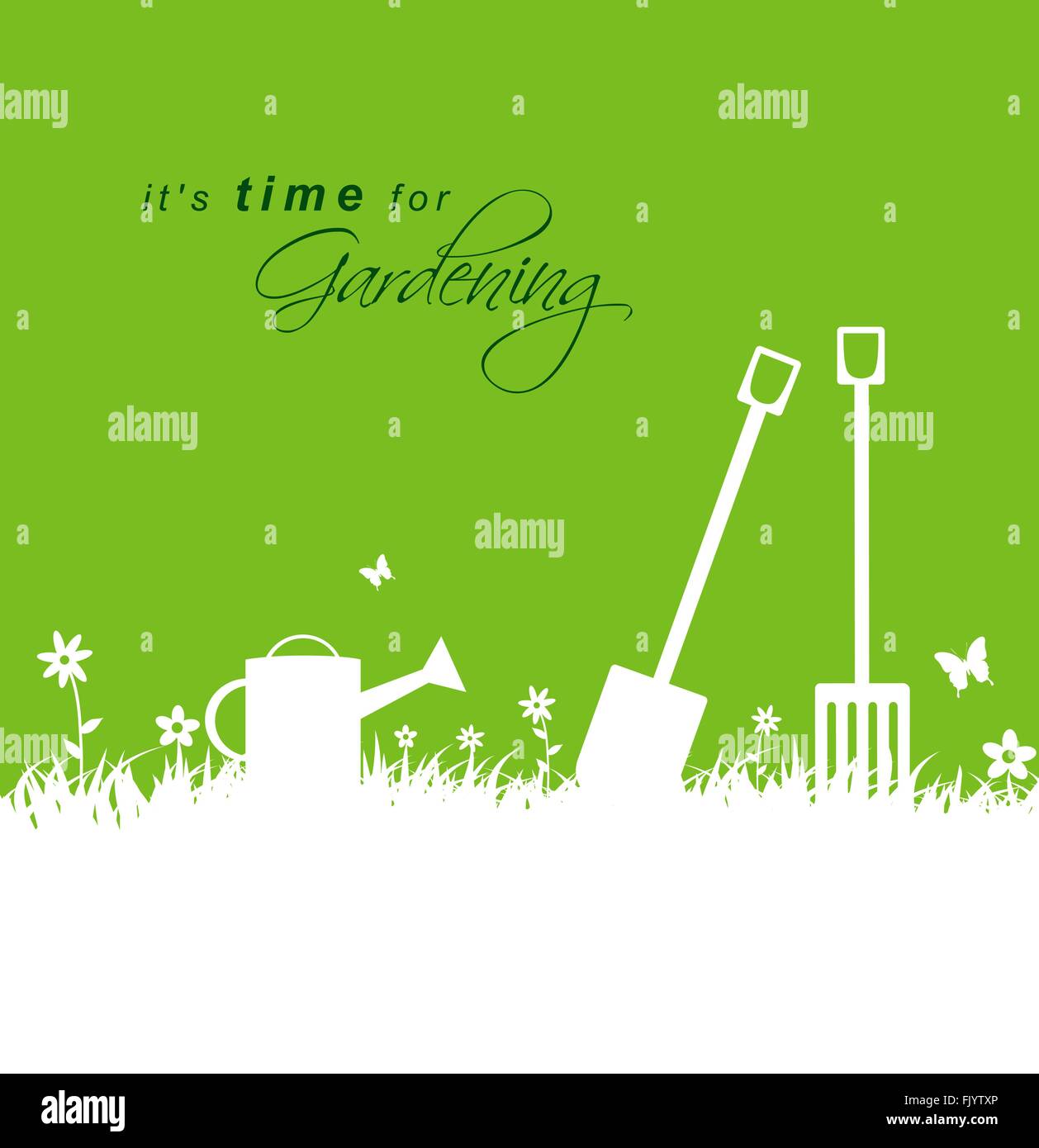 It's time for gardening .Spring gardening background with spade, rake and watering can Stock Vector