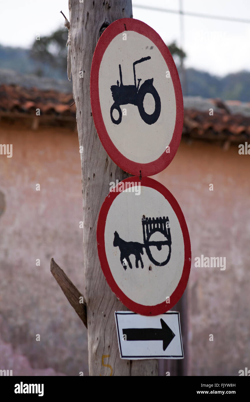 Traffic road signs for horse and carts and tractors at Vinales, Pinar
