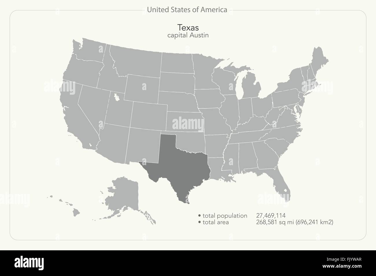 United States of America isolated map and Texas State territory. vector USA political map. geographic banner template Stock Vector