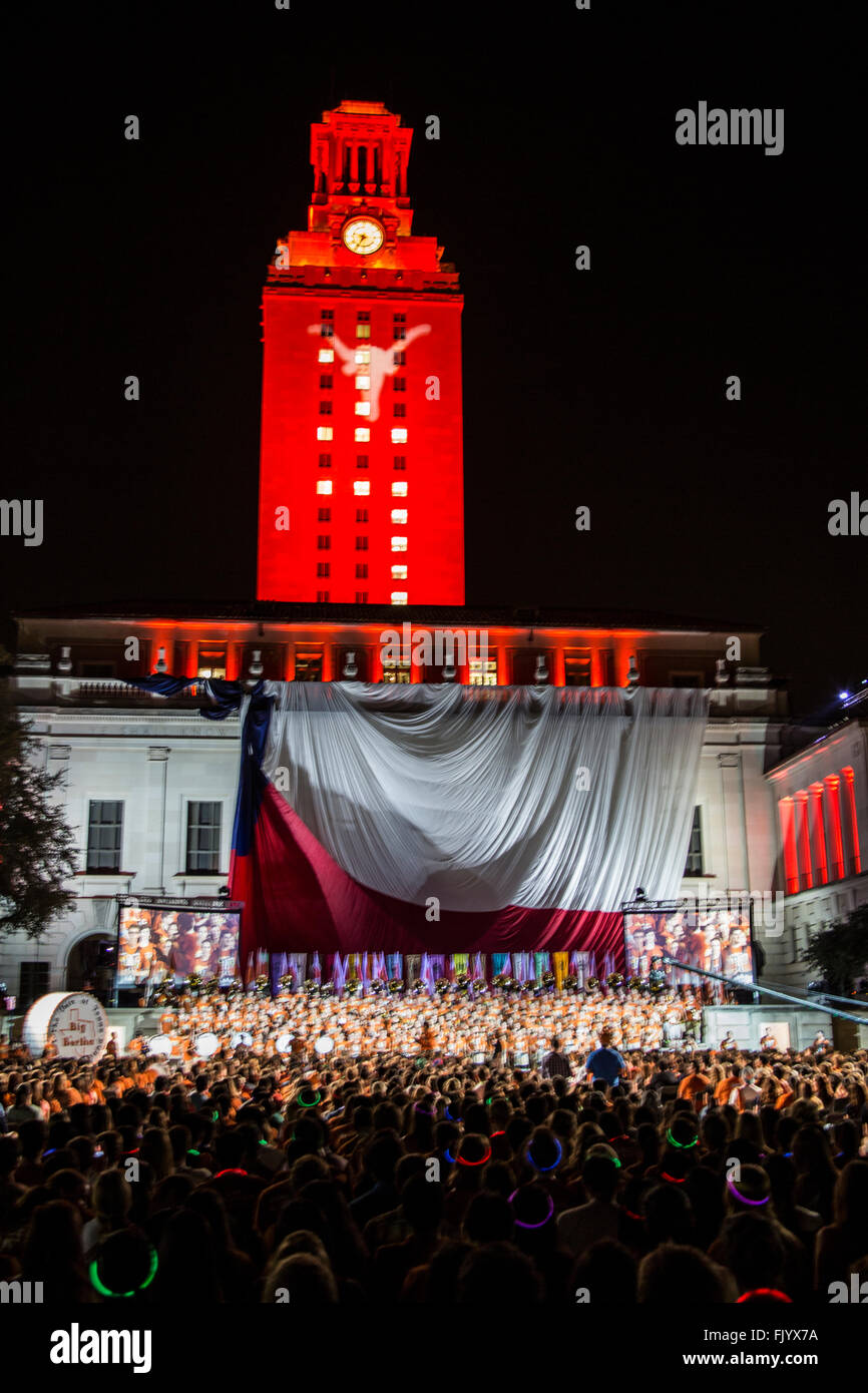 The Main Tower at the University of Texas in Austin lit up in burnt