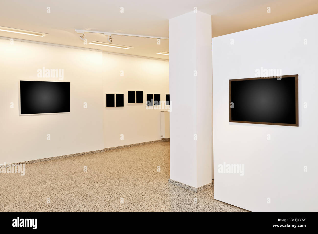 exhibition gallery, wall mounted art with museum style lighting, the