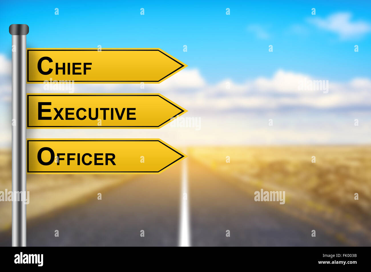 CEO or Chief Executive Officer words on yellow road sign with blurred background Stock Photo