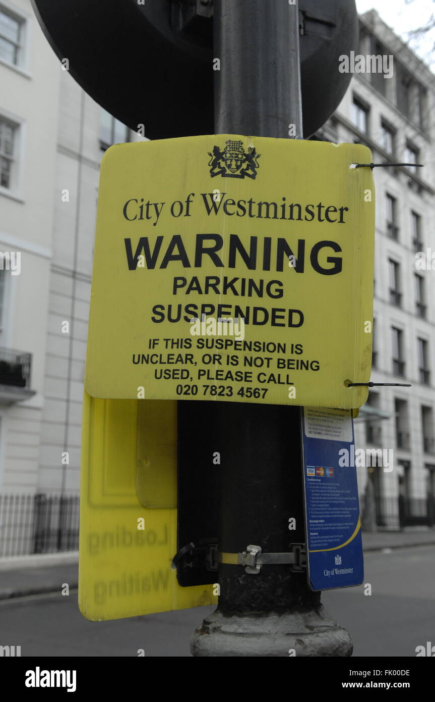 City of Westminster London Parking Suspended Warning Sign on display in Berkeley  Square London England. Stock Photo