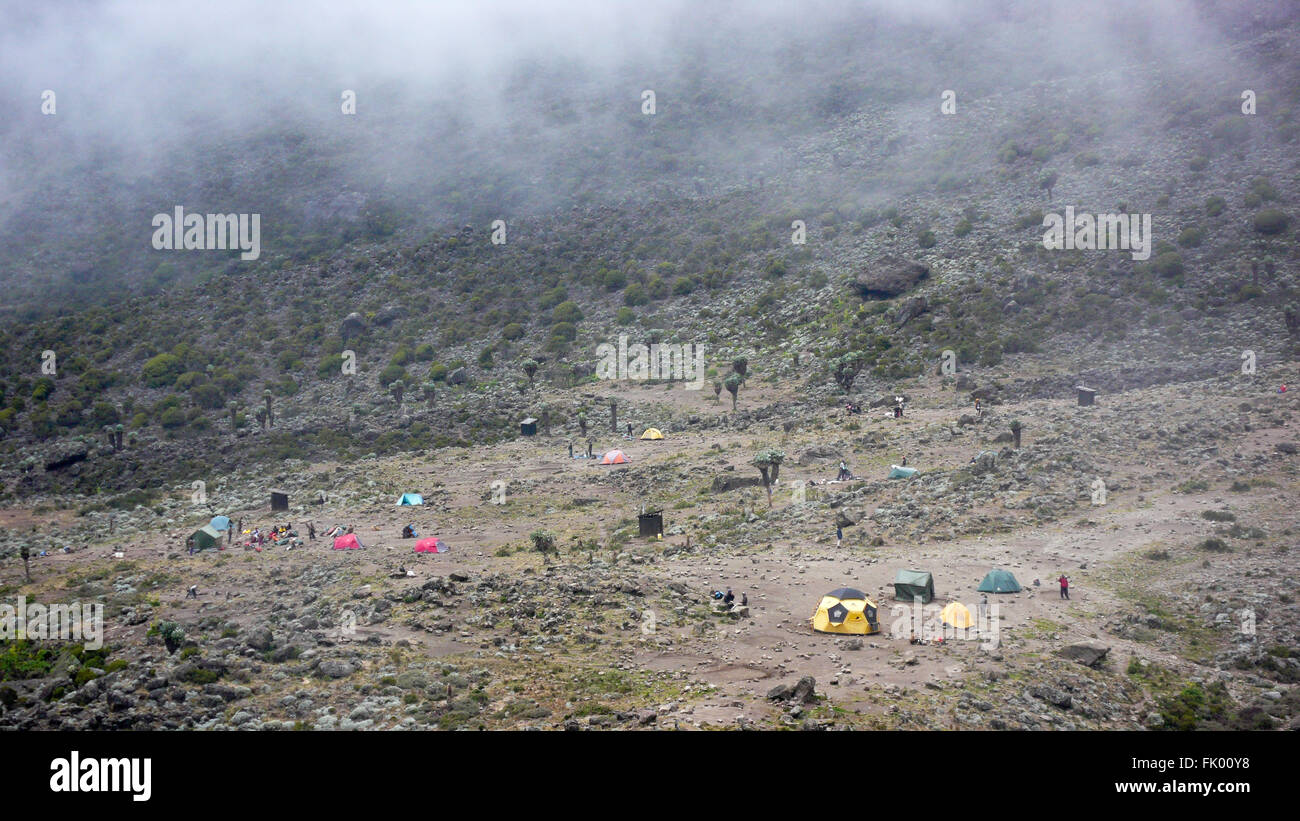 Karanga Valley campsite on the slopes of Mount Kilimanjaro. Stock Photo