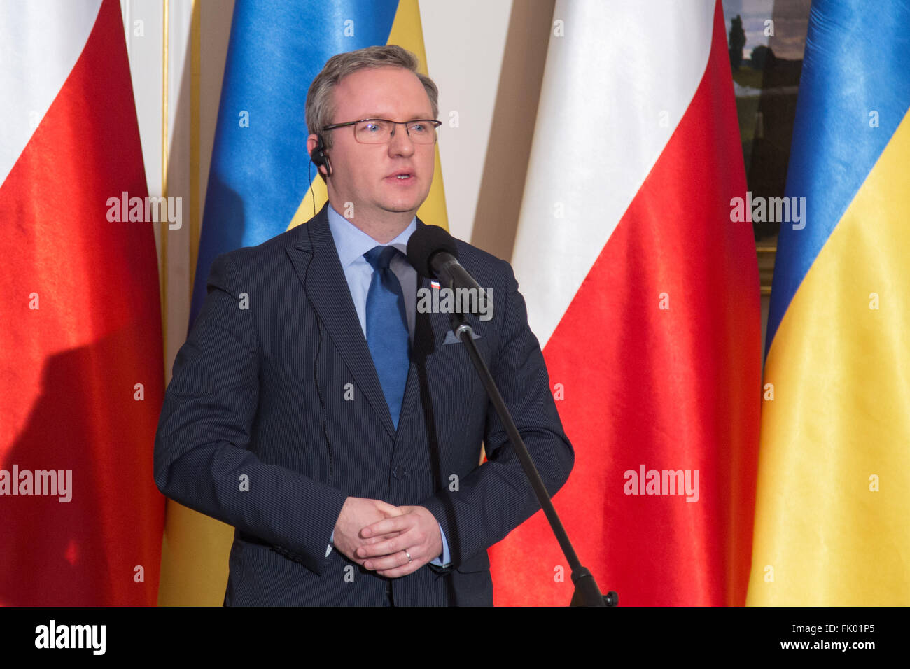 Secretary of State at the Chancellery of the President of Poland, Krzysztof Szczerski during a press conference after meeting of the Consultative Committee of Poland and Ukraine. (Photo by Mateusz Wlodarczyk / Pacific Press) Stock Photo