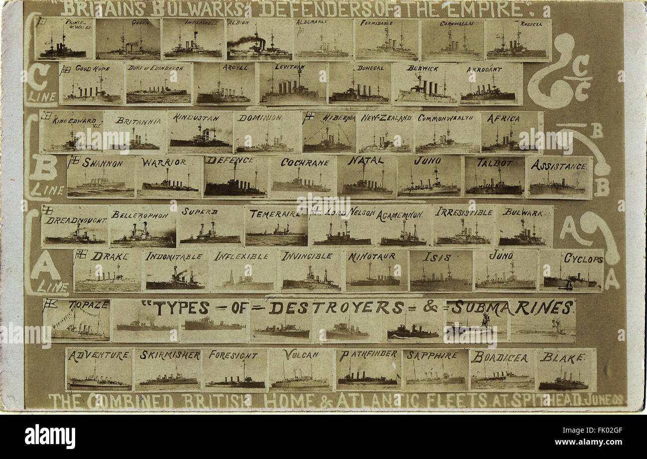 1909 Postcard of the Combined British Home & Atlantic Fleet review types & classes of destroyers, submarines etc Stock Photo