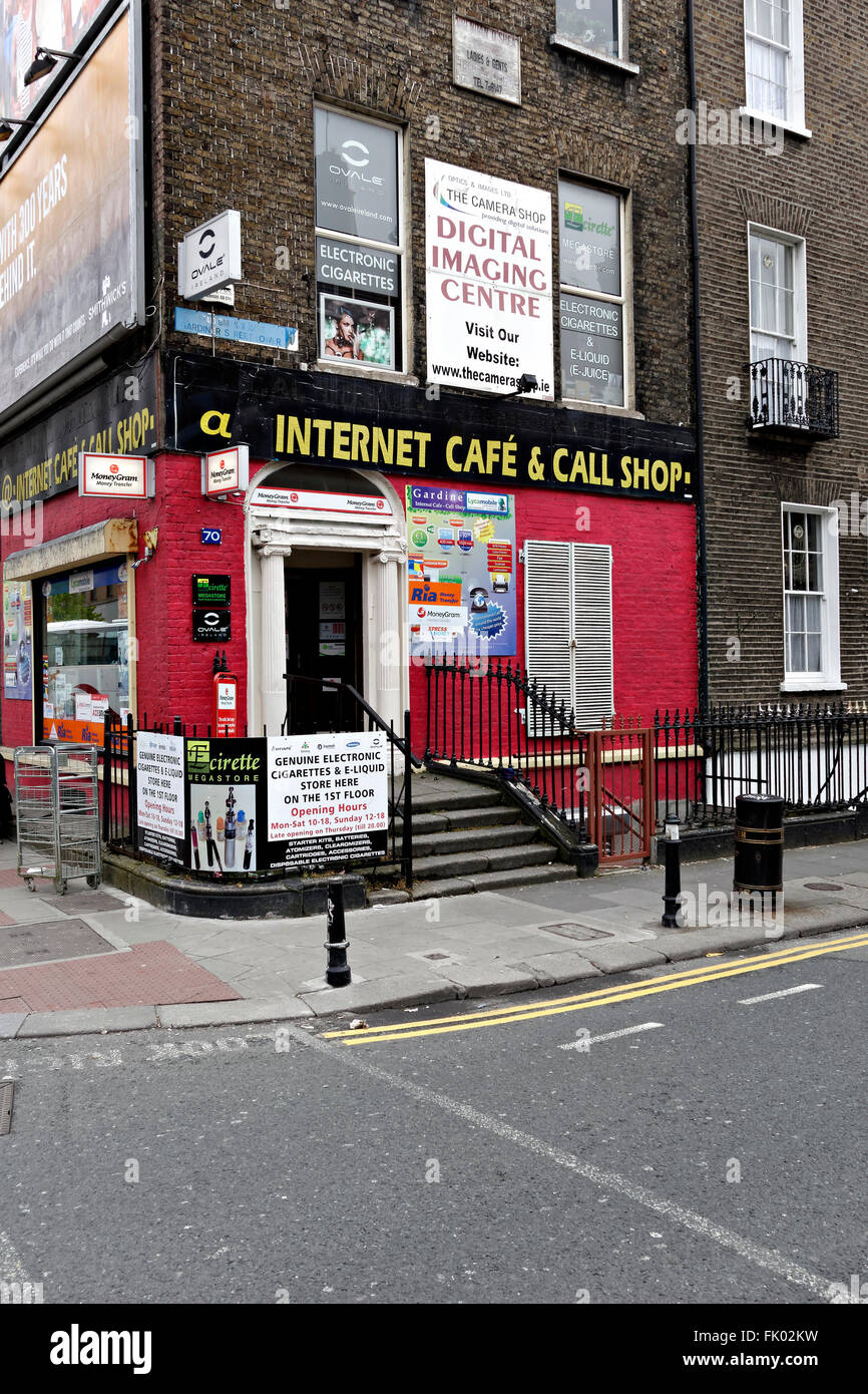 Internet Cafe and call shop on a street corner, Dublin, Republic of Ireland, Europe. Stock Photo