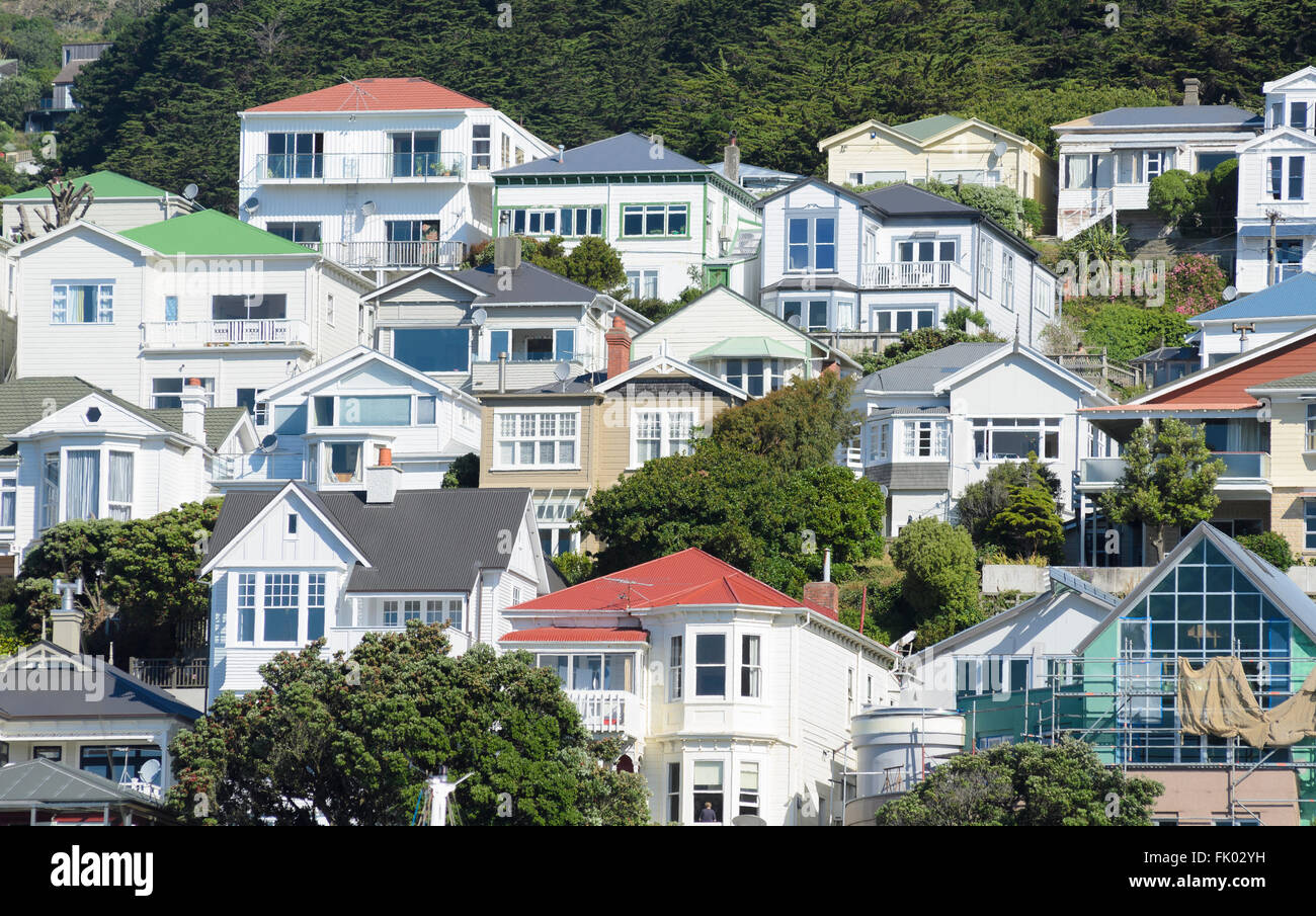 Wooden houses in Oriental Bay, Wellington, North Island, New Zealand Stock Photo