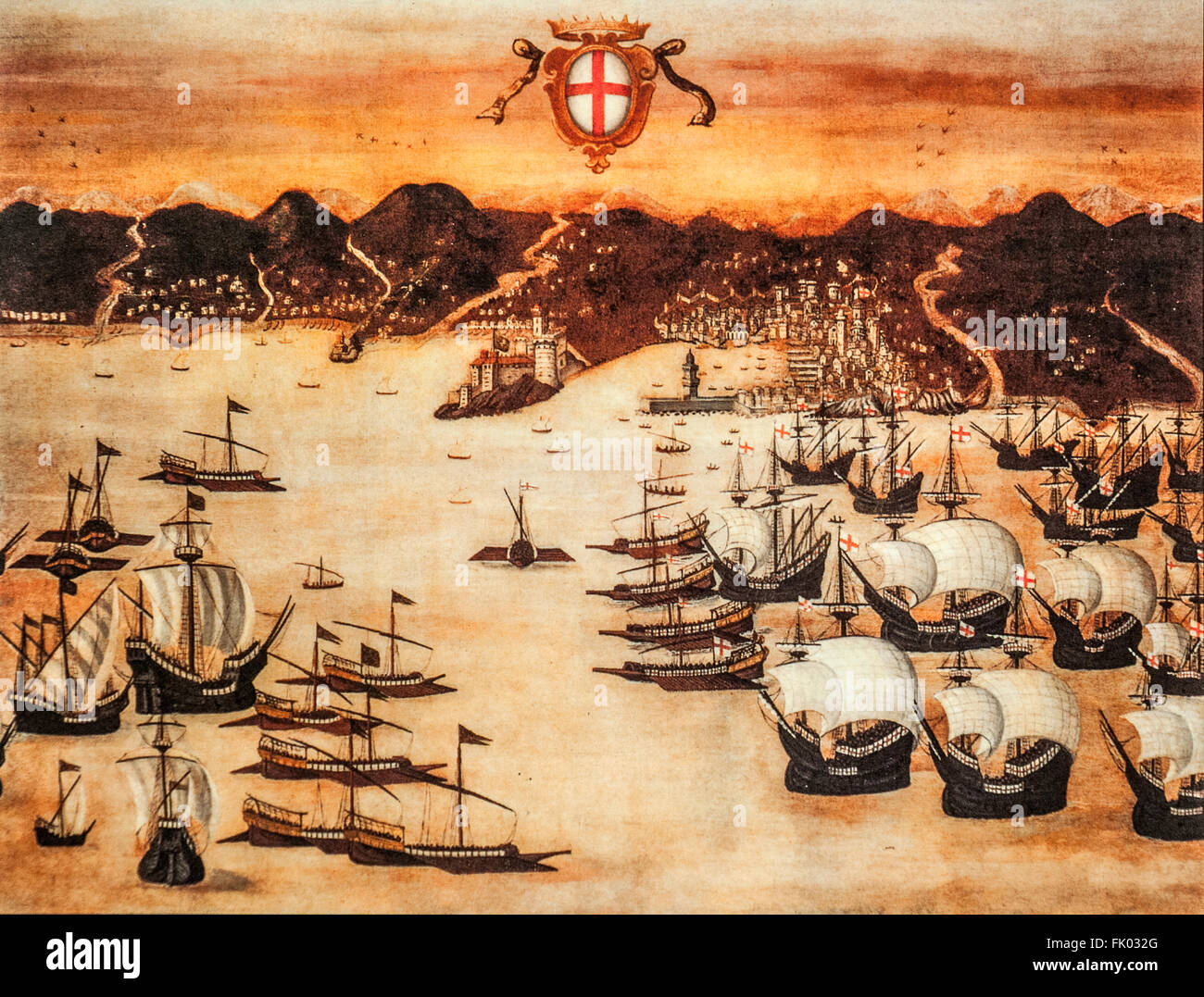 Italy Liguria Genoa - G. Vigne -The Genoese Fleet Confronting the French one off the coast of Genoa , 1512 Stock Photo