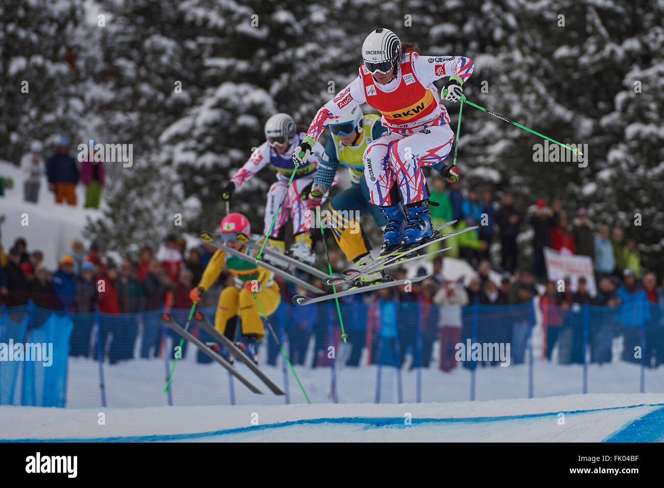 Arosa, Switzerland. 4th March, 2016. Alizee Baron (FRA), Sami Kennedy-Sim (AUS), Ophelie David (FRA) and Heidi Zacher (GER) compete during their Quarterfinal heat at the Audi Ski Cross World Cup in Arosa. Credit:  Rolf Simeon/Alamy Live News. Stock Photo