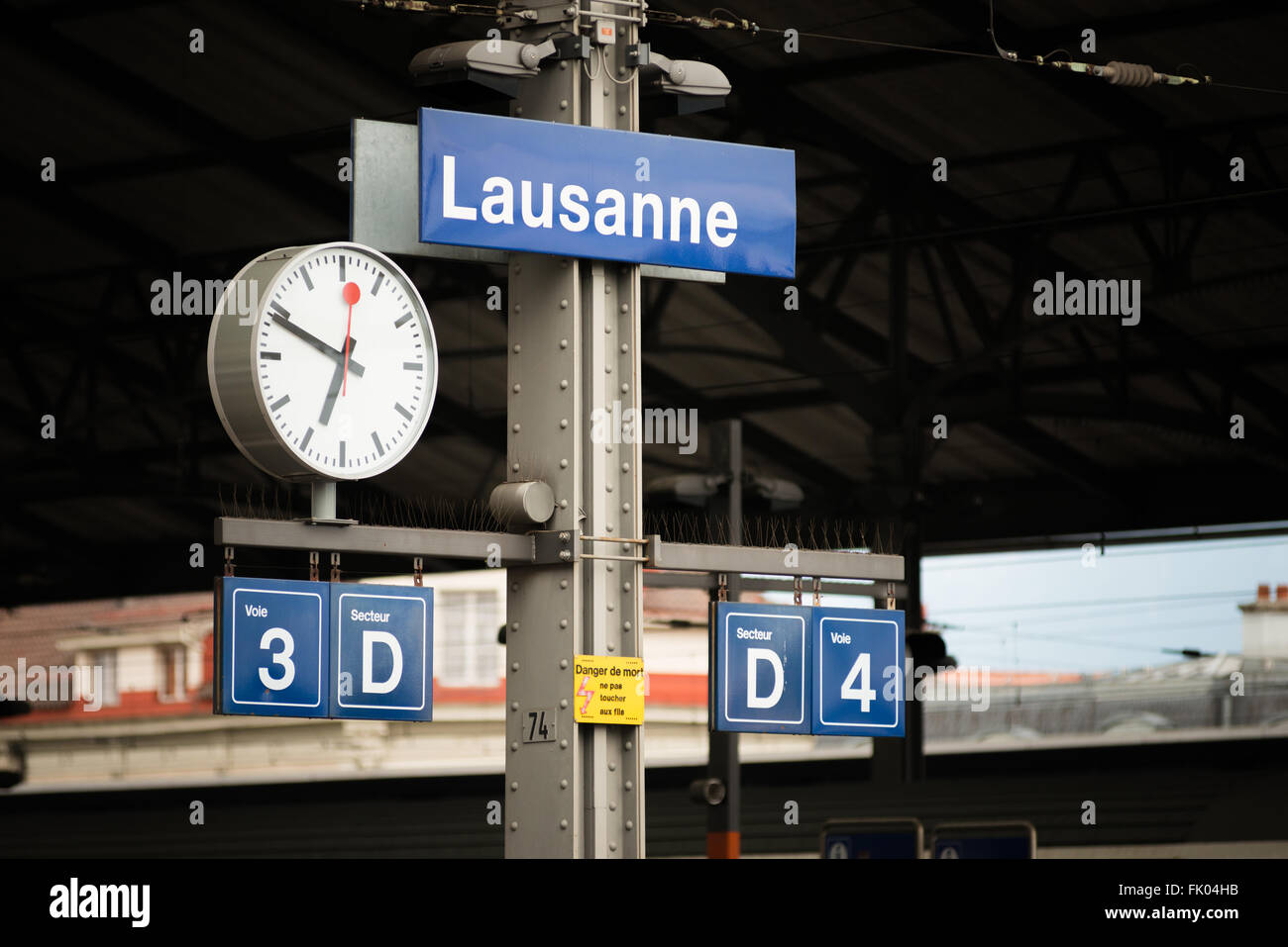 Lausanne station sign at Lausanne train station in Switzerland Stock Photo