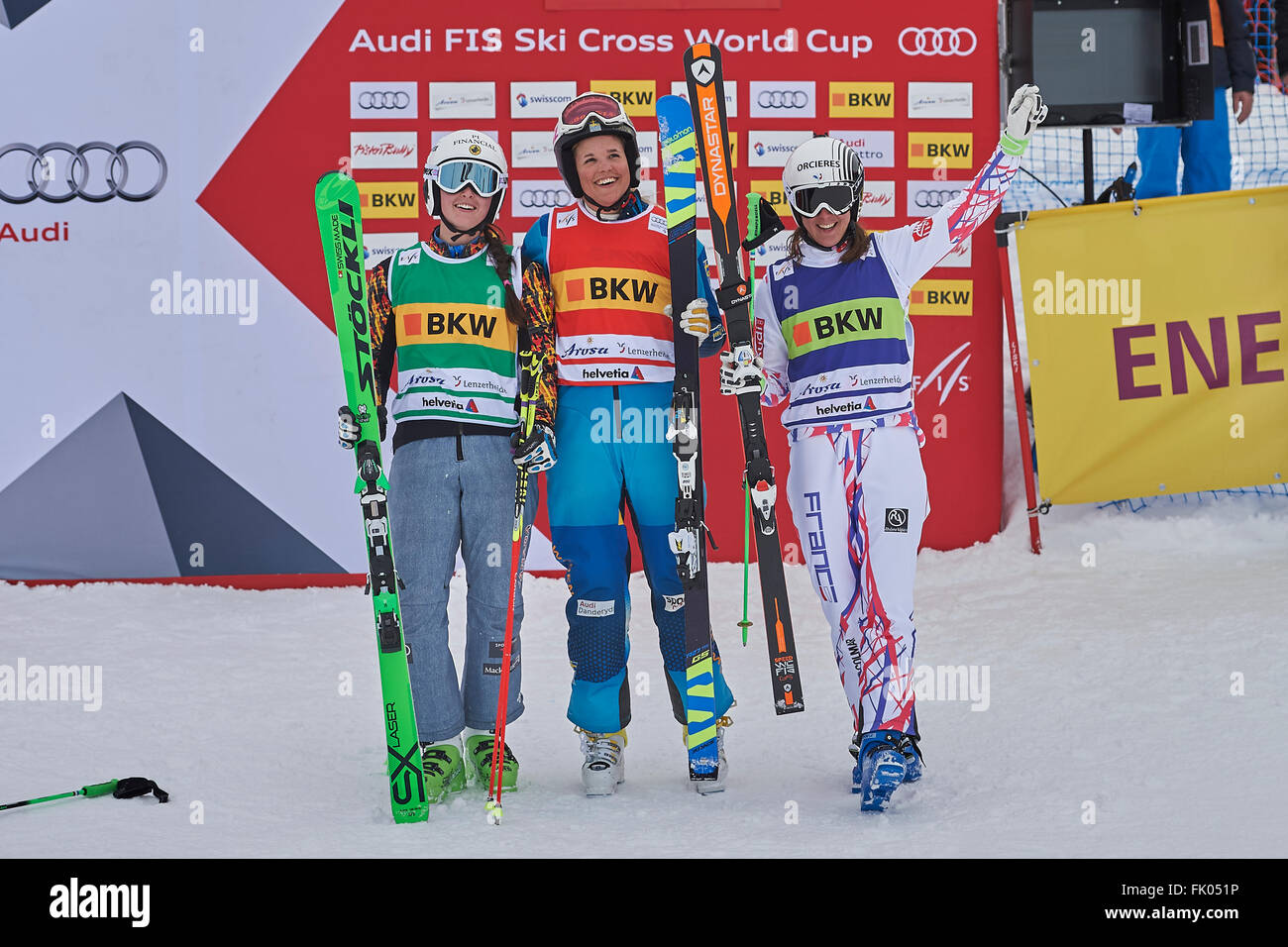 Arosa, Switzerland. 4th March, 2016. The winners of the Ladies’ Audi Ski Cross World Cup in Arosa. ltr. Marielle Thompson (CAN/2nd), Anna Holmlund (SWE/1st) and Alizee Baron (FRA/3rd). Credit:  Rolf Simeon/Alamy Live News. Stock Photo