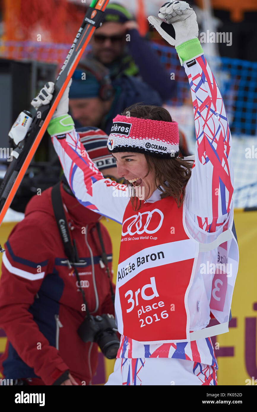 Arosa, Switzerland. 4th March, 2016. Alizee Baron (FRA) is happy about her 3rd place in the Audi Ski Cross World Cup Series 2015/2016. Credit:  Rolf Simeon/Alamy Live News. Stock Photo