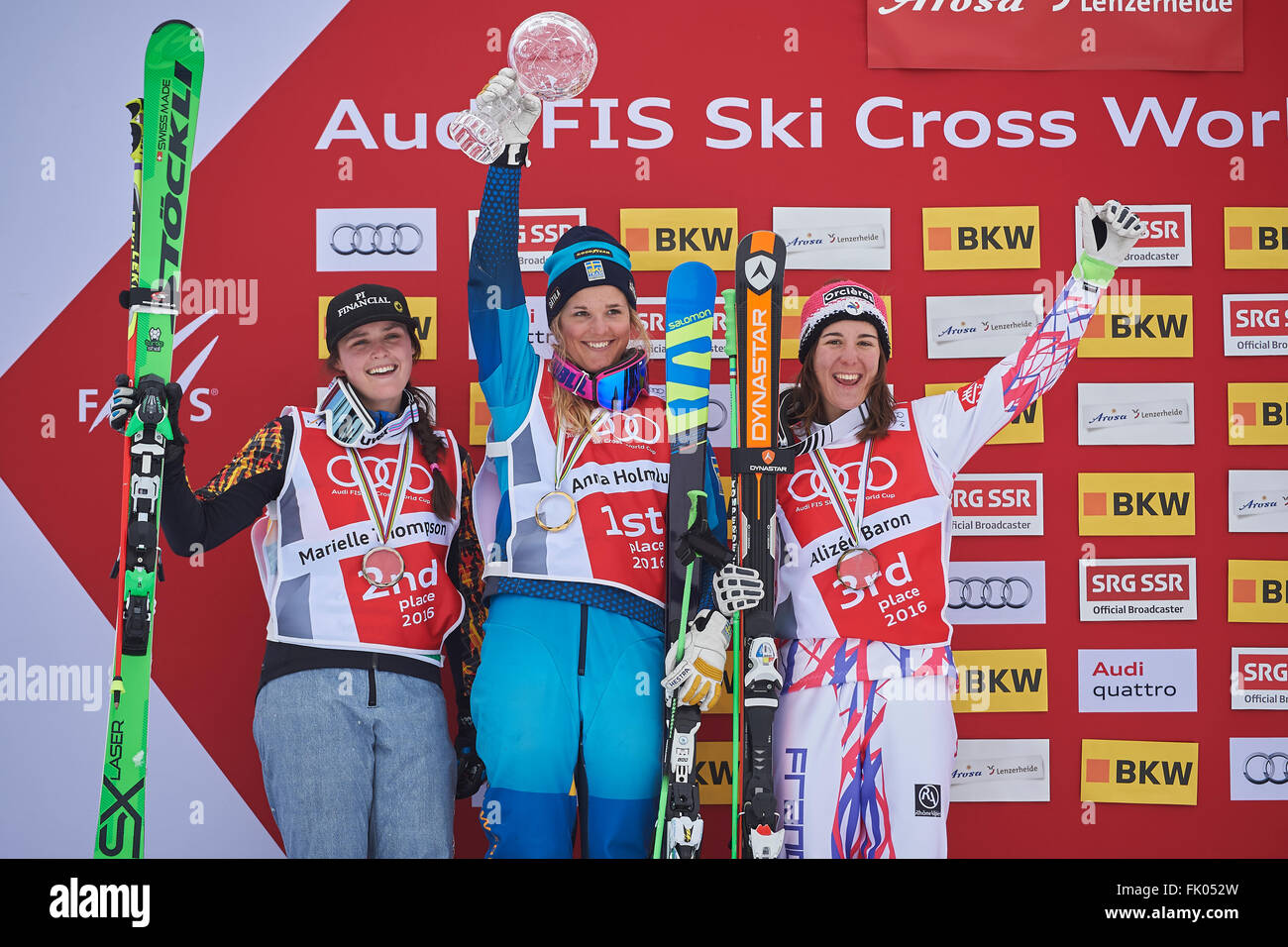 Arosa, Switzerland. 4th March, 2016. The winners of the Ladies’ Audi Ski Cross World Cup series 2015/2016. ltr. Marielle Thompson (CAN/2nd), Anna Holmlund (SWE/1st) and Alizee Baron (FRA/3rd). Credit:  Rolf Simeon/Alamy Live News. Stock Photo