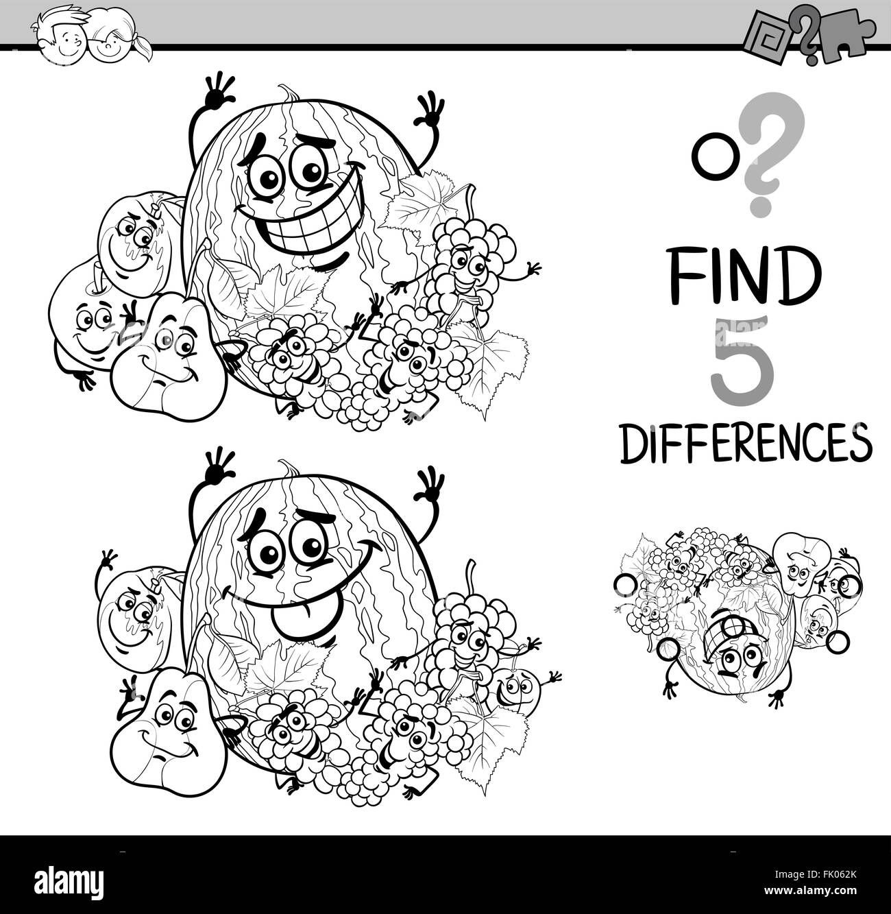 Black and White Cartoon Illustration of Finding Differences Educational Task for Preschool Children with Fruit Characters for Co Stock Vector
