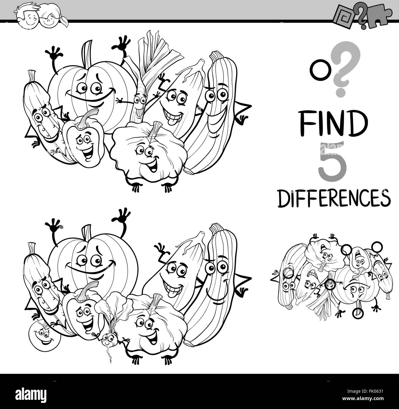 Black and White Cartoon Illustration of Finding Differences Educational Task for Preschool Children with Vegetable Characters fo Stock Vector