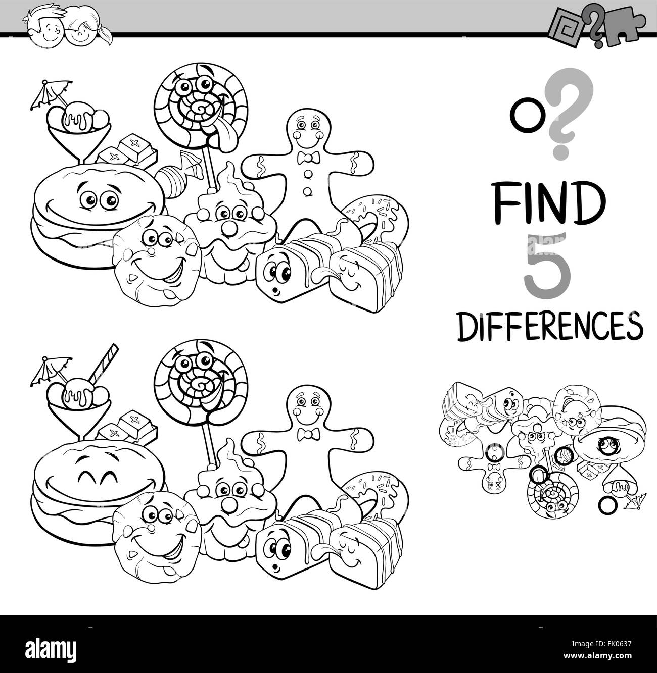 Black and White Cartoon Illustration of Finding Differences Educational Task for Preschool Children with Sweet Food Characters f Stock Vector