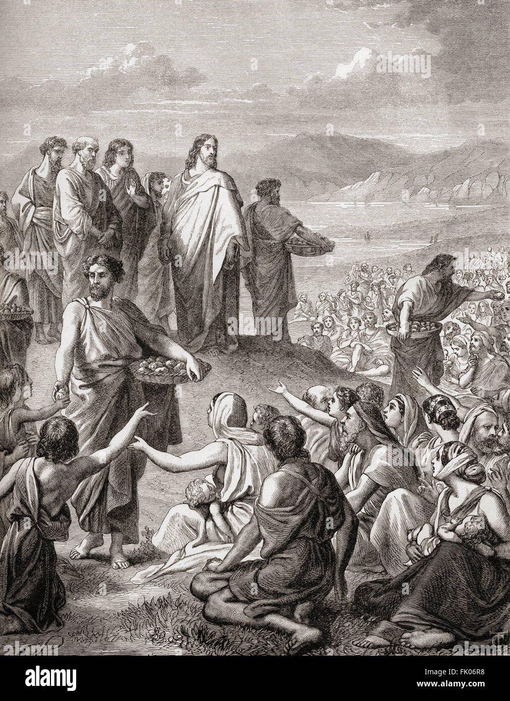 Jesus feeding the multitude.  The miracle of the five loaves and two fish, or perhaps the miracle of the seven loaves and fish.  From The Gospels, New Testament. Stock Photo