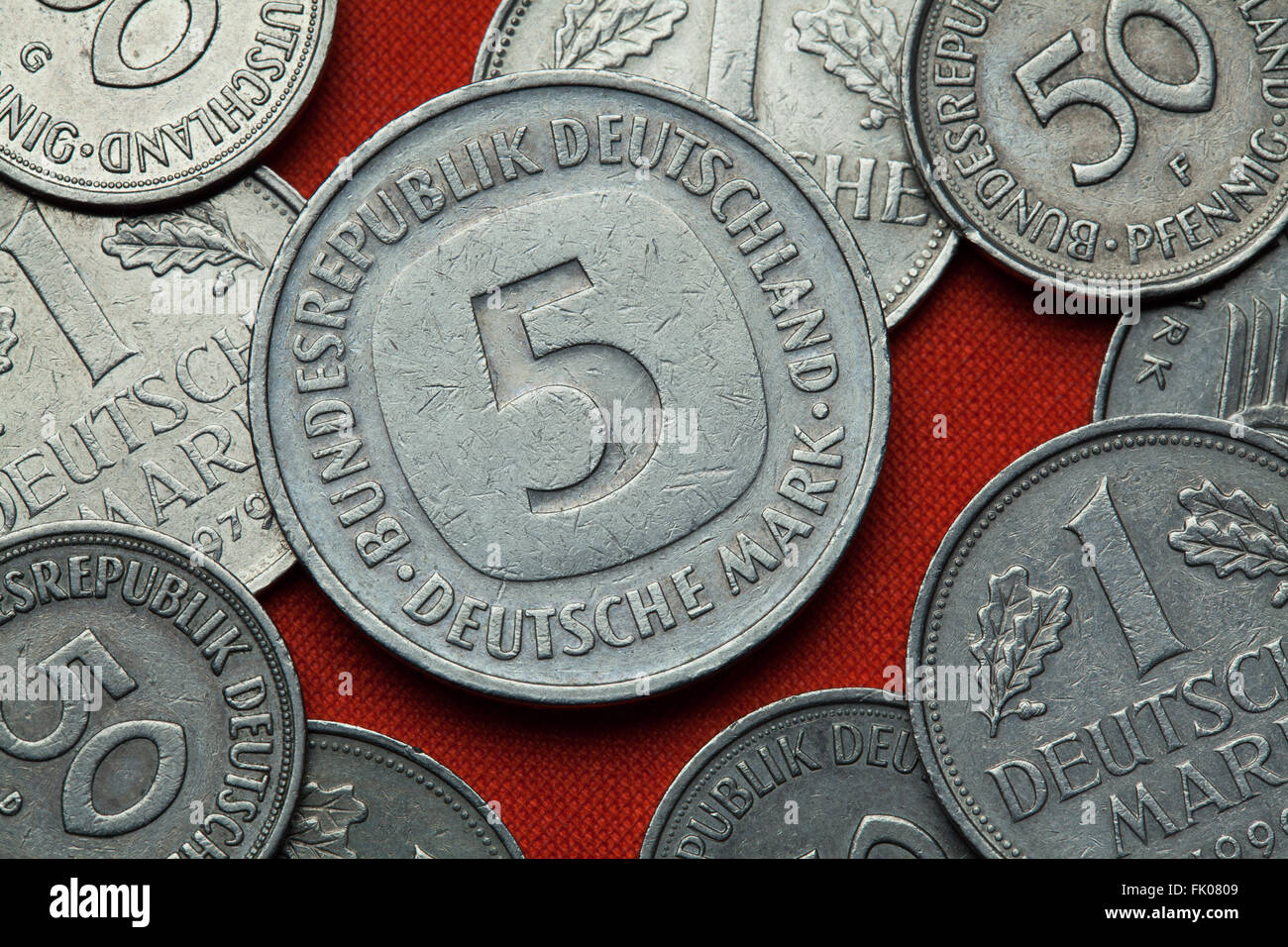 Coins of Germany. German five Deutsche Mark coin (1979). Stock Photo