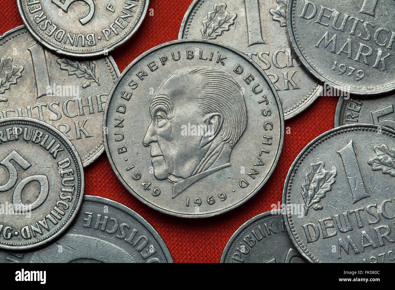 Coins of Germany. German statesman Konrad Adenauer depicted in the German two Deutsche Mark coin (1969). Stock Photo