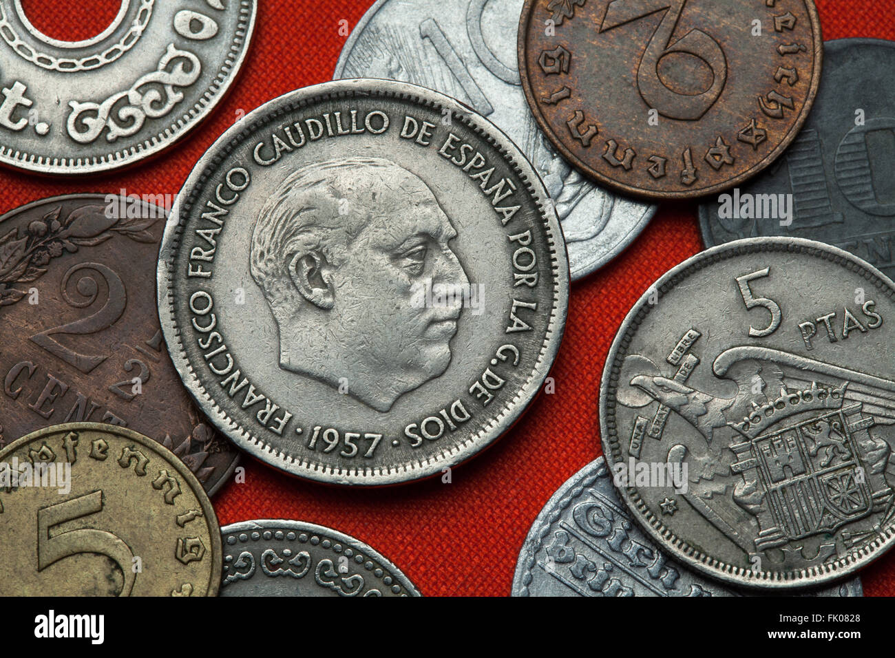 Coins of Spain under Franco. Spanish dictator Francisco Franco depicted in the Spanish 25 peseta coin (1957). Stock Photo