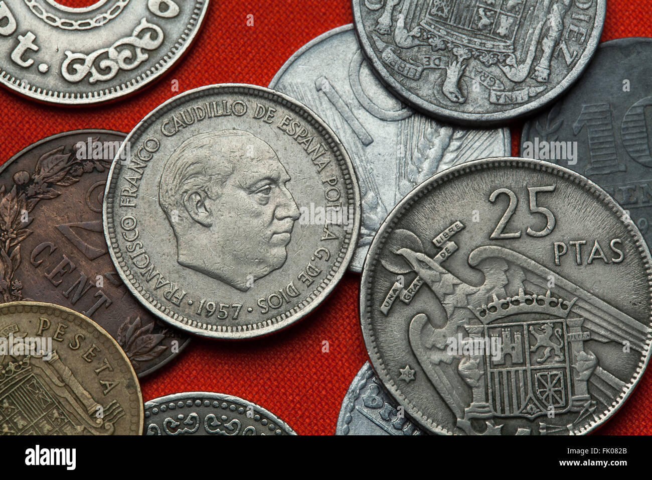 Coins of Spain under Franco. Spanish dictator Francisco Franco depicted in the Spanish five peseta coin (1957). Stock Photo