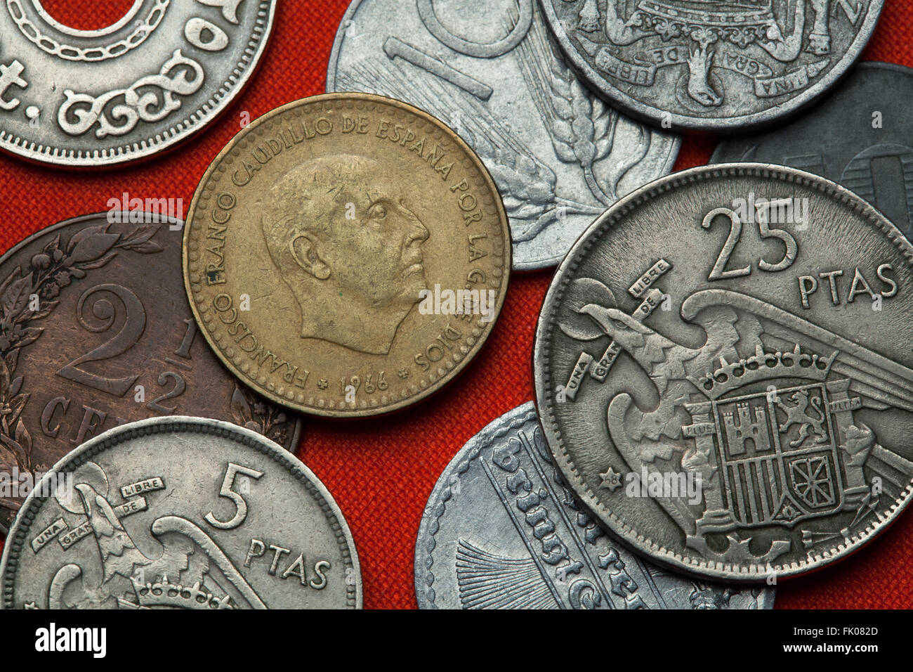 Coins of Spain under Franco. Spanish dictator Francisco Franco depicted in the Spanish one peseta coin (1966). Stock Photo