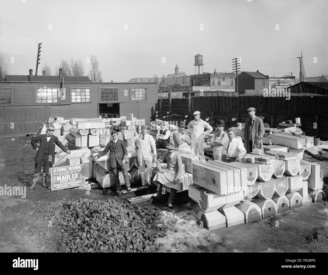 Portrait of Workers in Stone-Cutting Yard, Detroit, Michigan, USA, circa 1910 Stock Photo