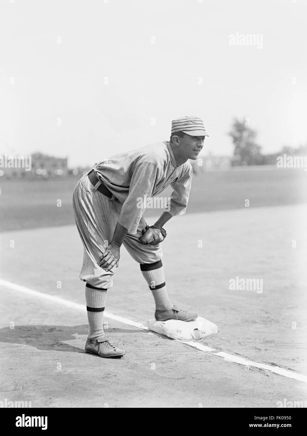 Frank 'Home Run' Baker, Major League Baseball Player, Philadelphia Athletics, Portrait at Third Base, circa 1914.jpg Stock Photo