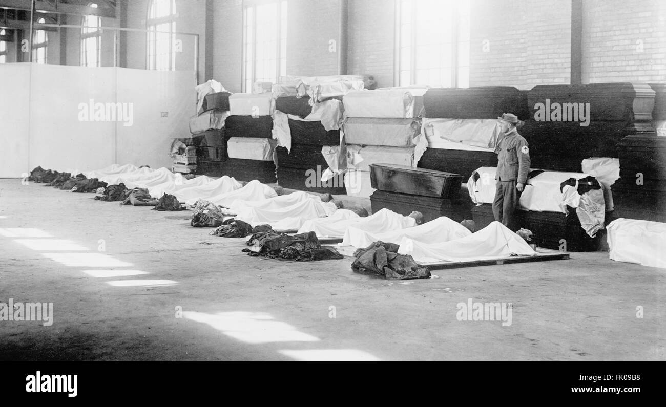 Corpses Laying on Floor with Coffins Lining Wall, Great Dayton Flood, Dayton, Ohio, USA, circa 1913 Stock Photo