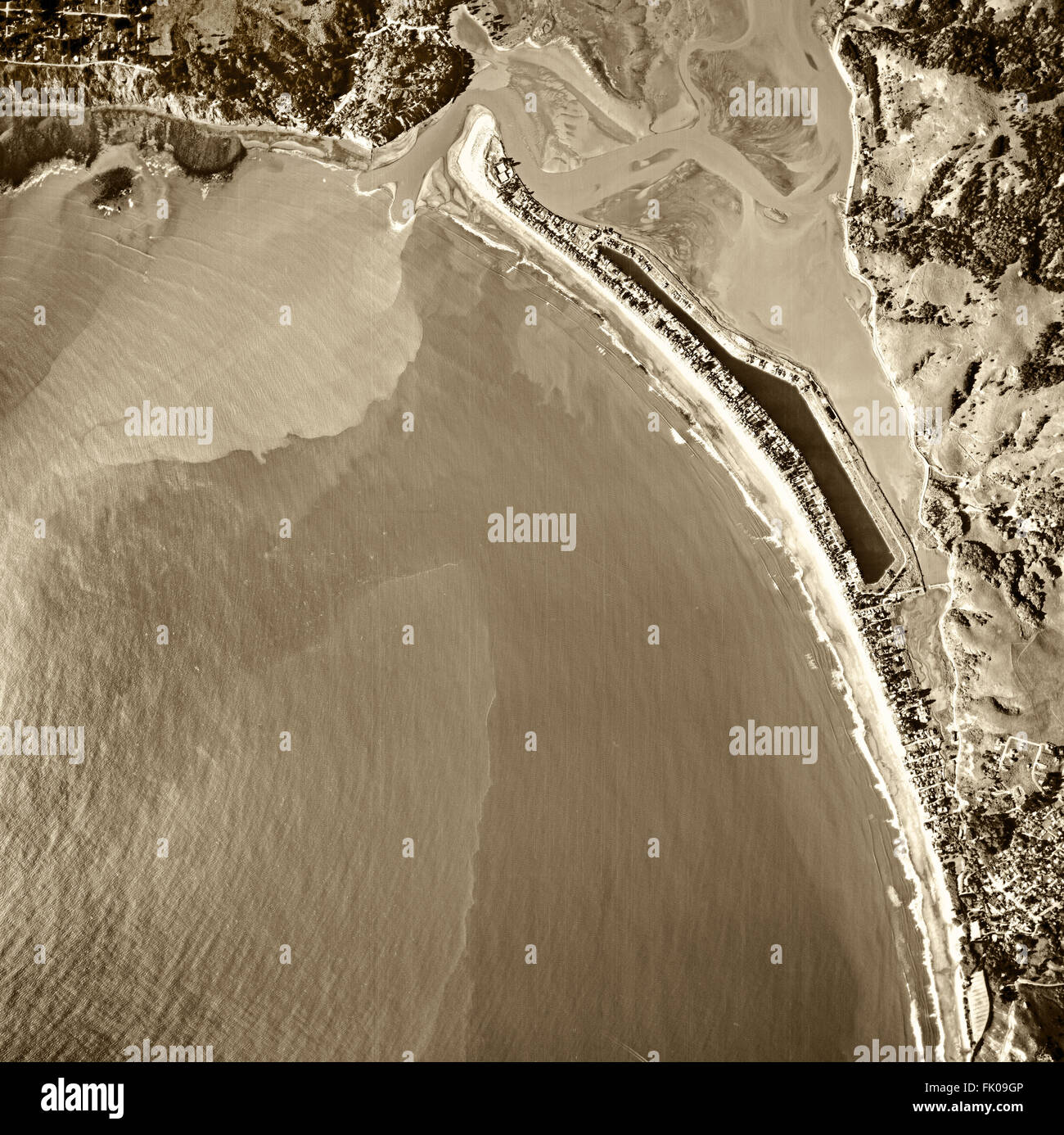 historical aerial photograph of Stinson Beach, Bolinas and the Bolinas Bay and Bolinas Lagoon, Marin County, California, 1982 Stock Photo