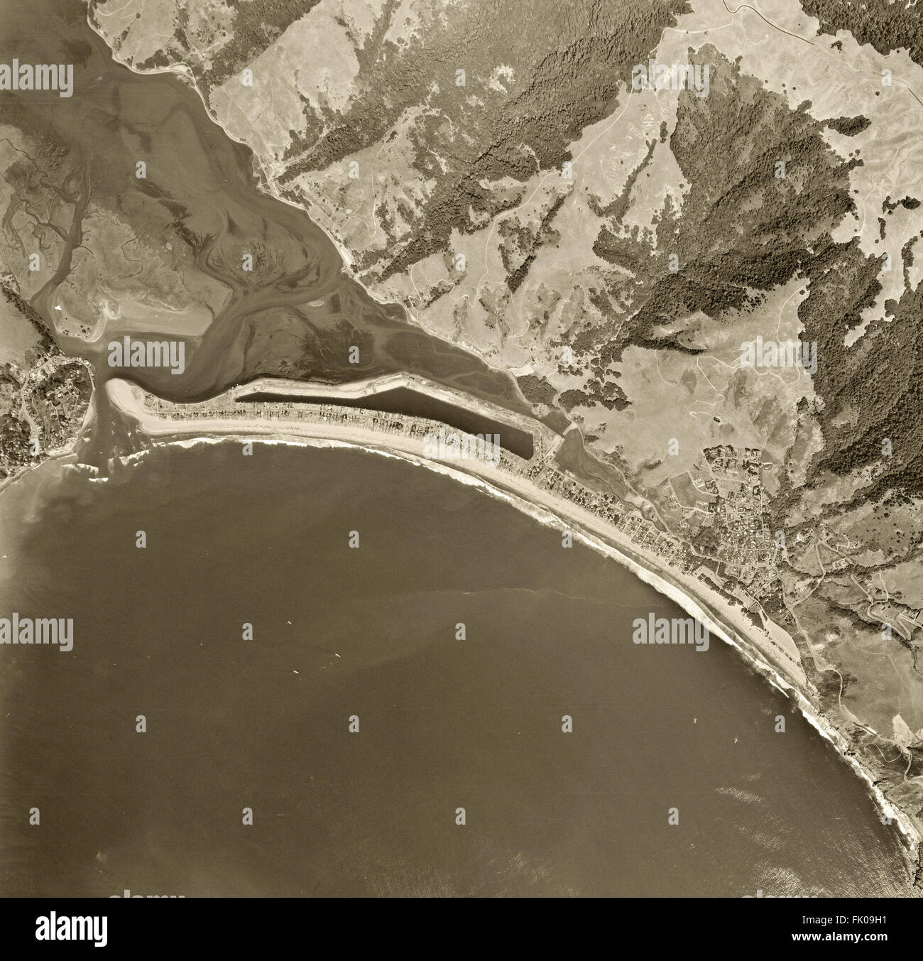 historical aerial photograph of Stinson Beach, Bolinas and the Bolinas Bay and Bolinas Lagoon, Marin County, California, 1971 Stock Photo