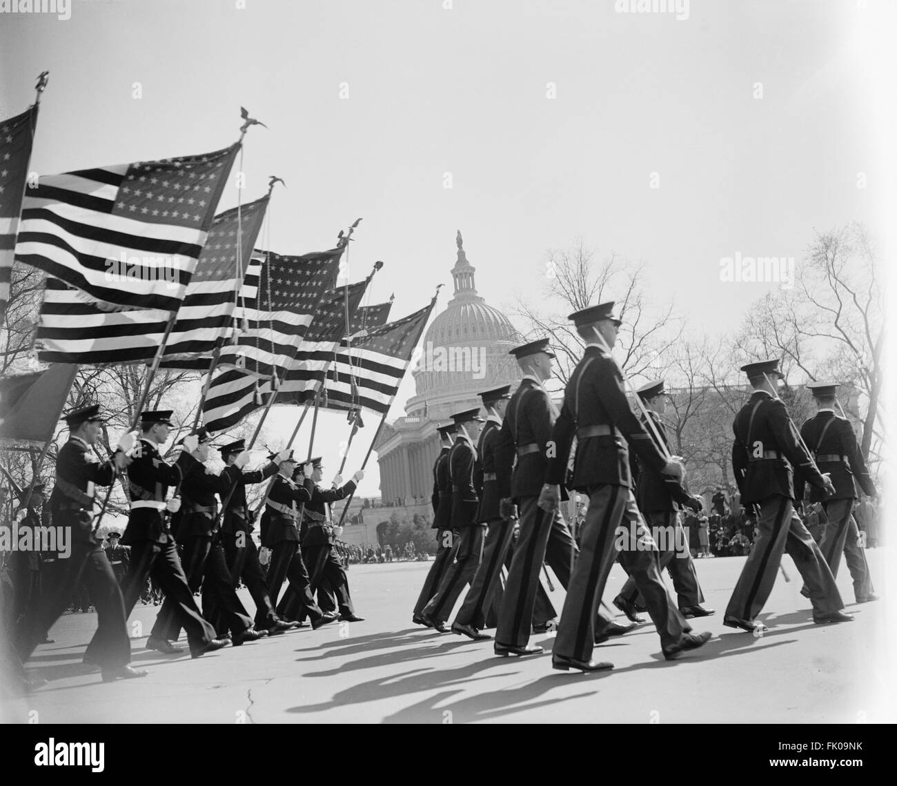 High School Cadets as they pass U.S. Capitol Building during Army Day Parade, Washington DC, USA, Harris & Ewing, April 1940 Stock Photo