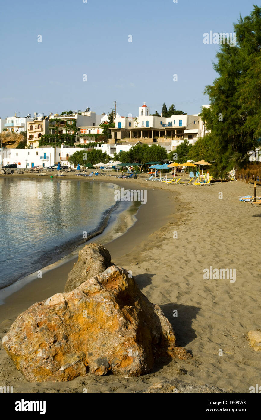 Griechenland, Kreta, Makrigialos, Blick auf den Badeort und den Sandstrand Stock Photo