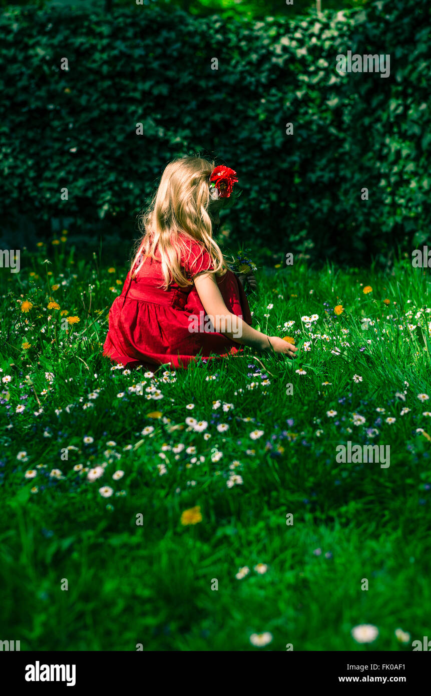 girl with long hair sitting in grass rear view Stock Photo - Alamy