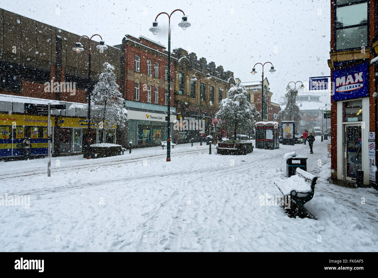 Yorkshire Street, Oldham, in heavy snow. Oldham town centre, Greater
