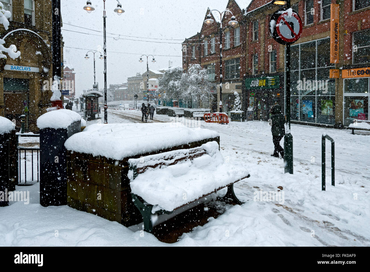 Yorkshire Street, Oldham, in heavy snow. Oldham town centre, Greater