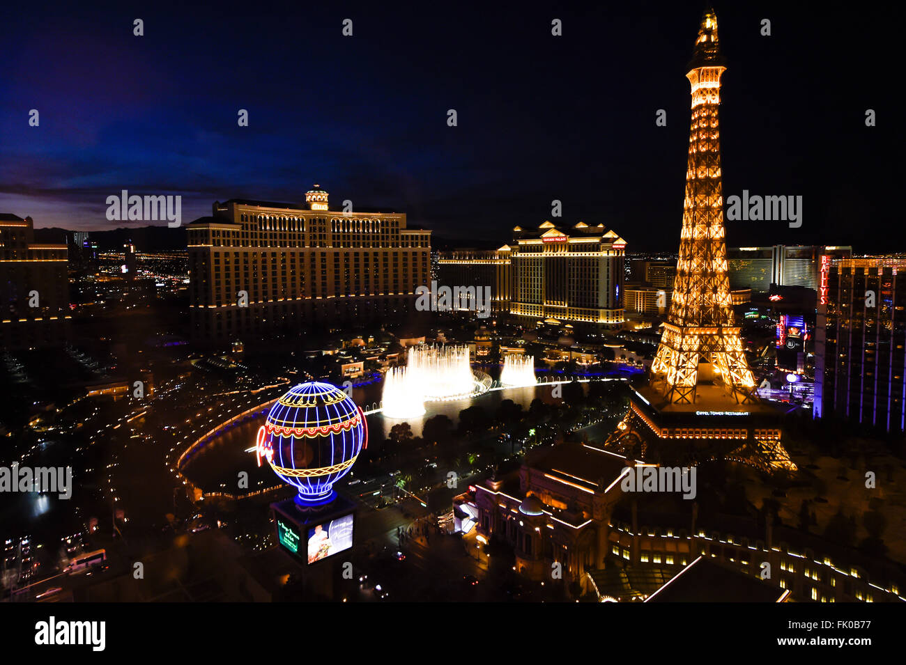 View of Paris Las Vegas and Bellagio Hotel & Casino at night Stock Photo -  Alamy