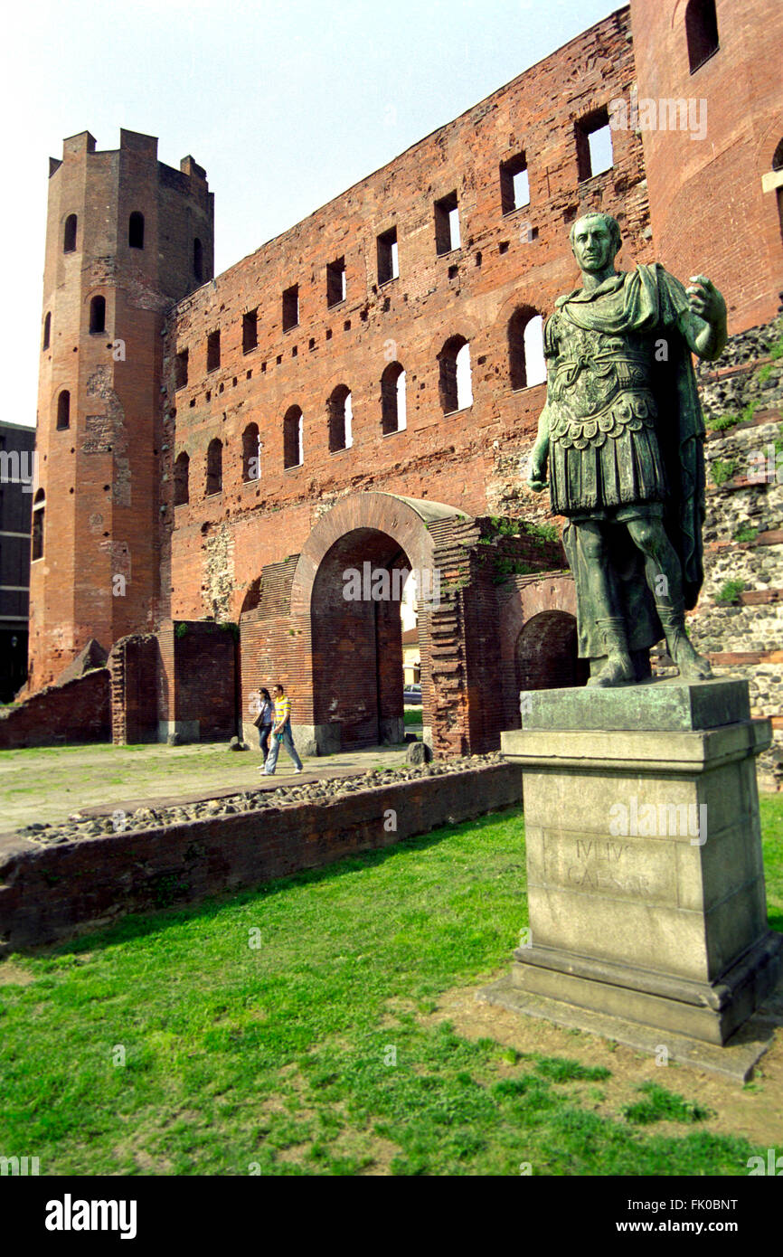 Italy, Piedmont, Turin, Porta Palatina, Palatine Gate, Caesar Augustus Statue Stock Photo