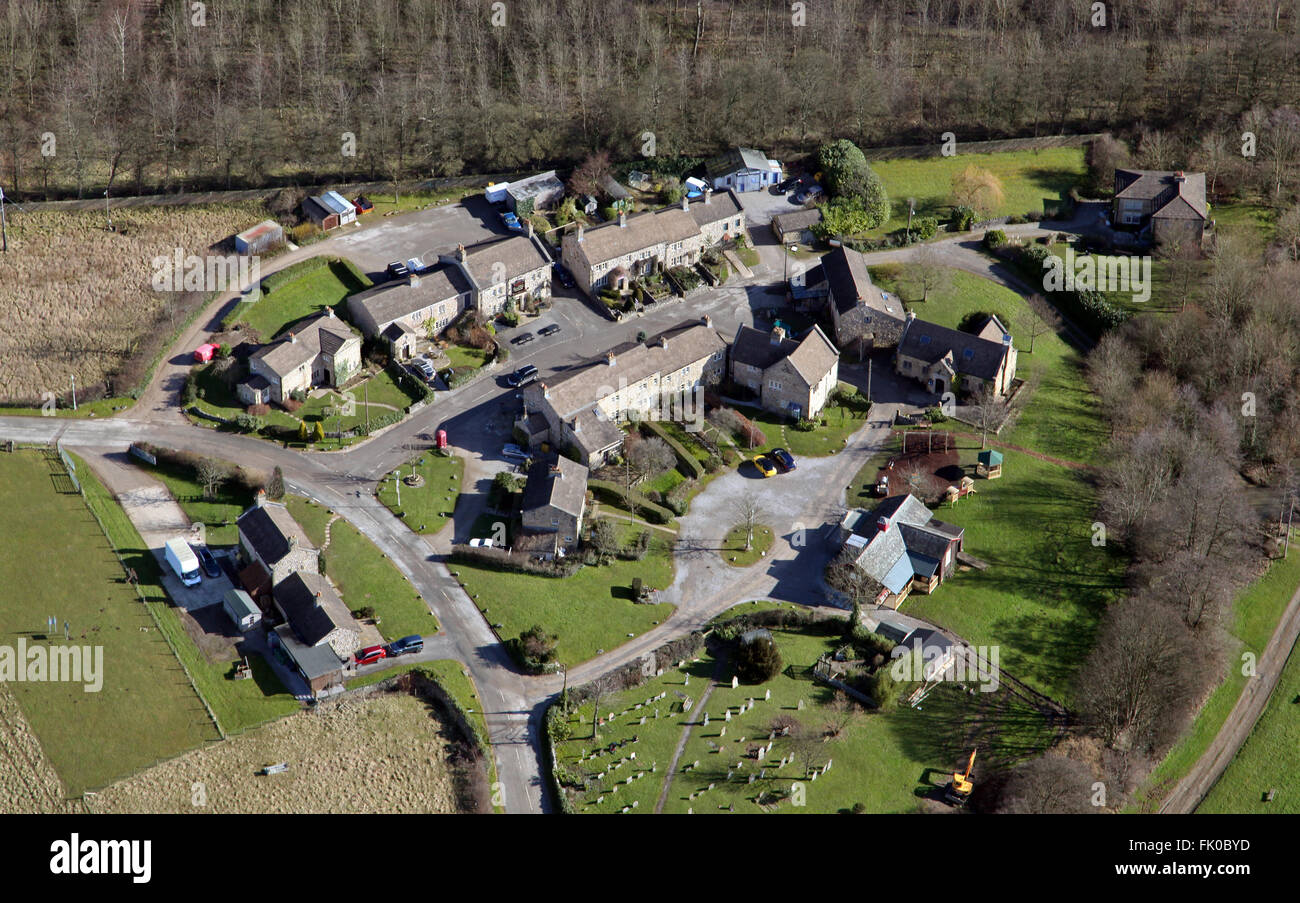 aerial view of the the village of Emmerdale as used in the television programme, on the Harewood Estate, West Yorkshiere, UK Stock Photo