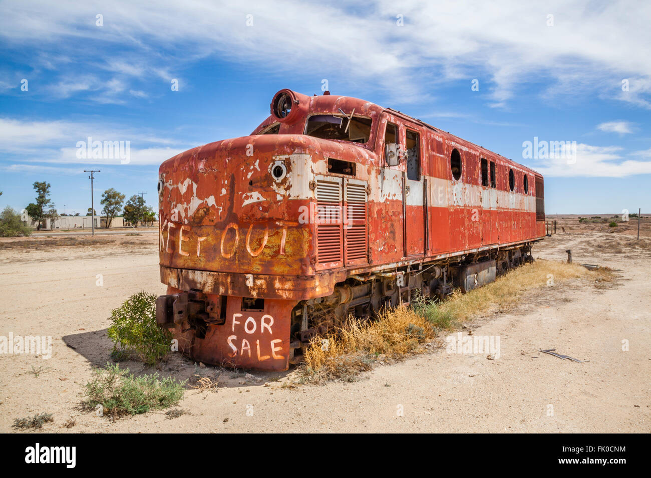 old Ghan locomotive at Marree station, South Australia. The Old Ghan railway line was closed in the 1980s Stock Photo