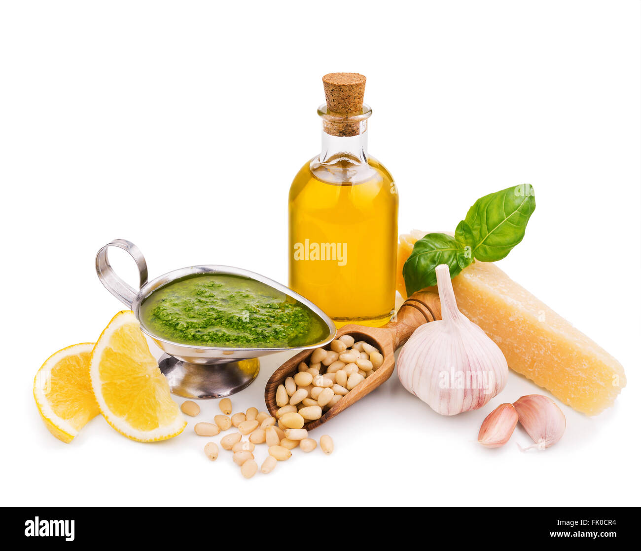 pesto sauce and its ingredients isolated on white background Stock Photo