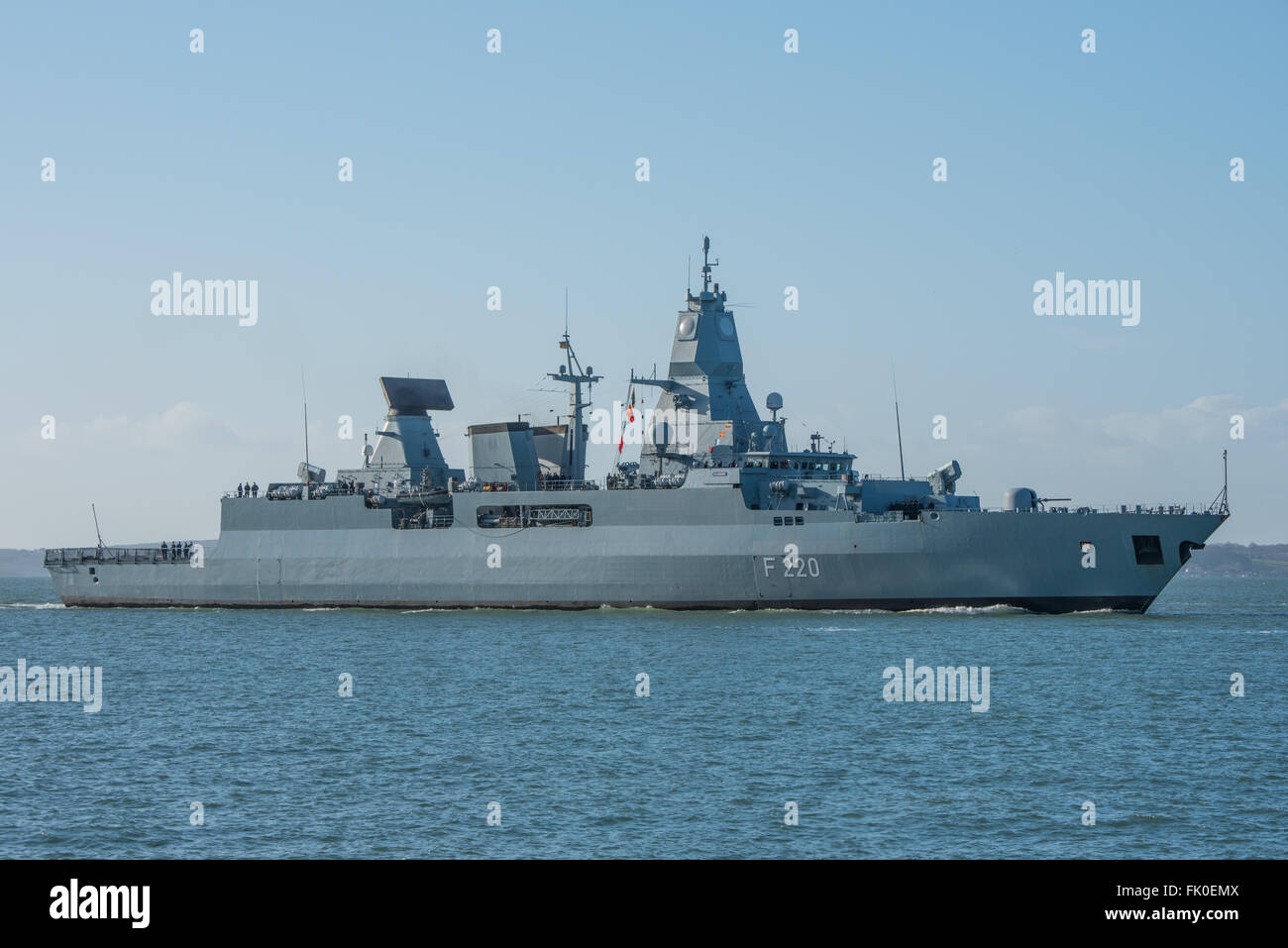 FGS Hamburg (F220) approaching Portsmouth Naval Base. Stock Photo