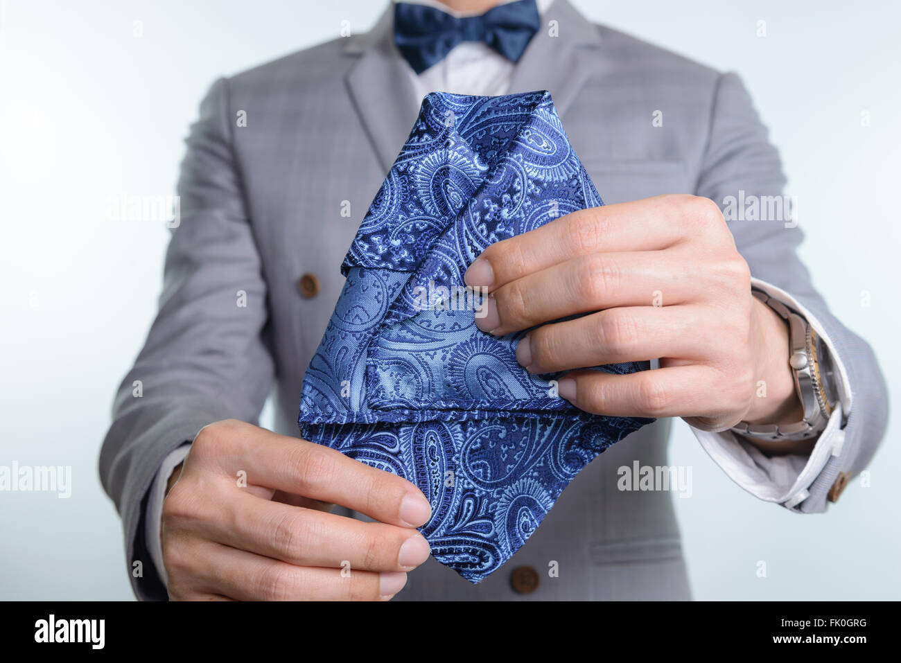 Man in grey suit, plaid texture, blue bowtie and pocket square, close up white background Stock Photo