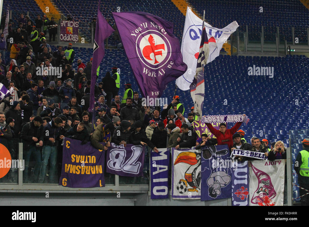 Stadium Olimpico, Rome, Italy. 04th Mar, 2016. Serie A football league. AS  Roma versus Fiorentina. Fans of fiorentina with flags and banners Credit:  Action Plus Sports/Alamy Live News Stock Photo - Alamy