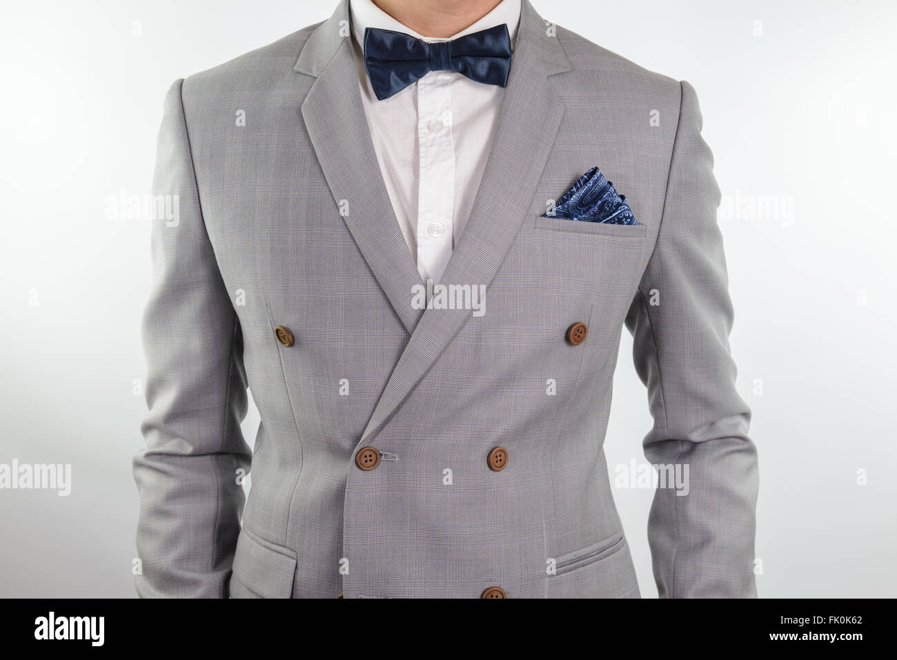 Man In Grey Suit Plaid Texture Blue Bowtie And Pocket Square Close Stock Photo Alamy
